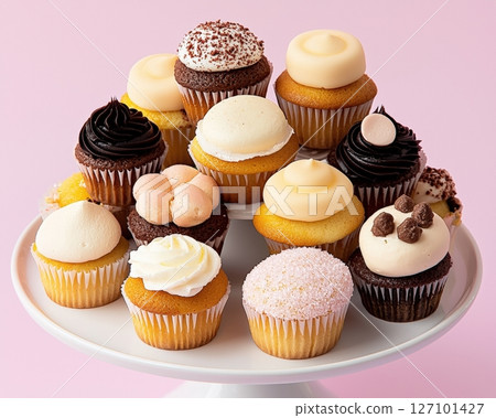 Delightful dozen assorted mini cupcakes on a cake stand 127101427