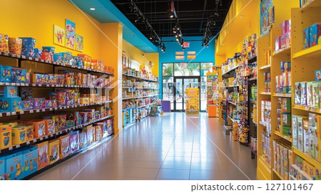 Explore a colorful store filled with a wide variety of toys for every imagination 127101467