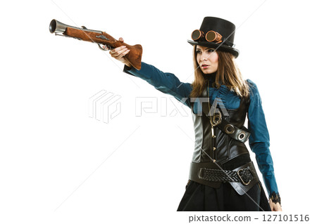 steampunk woman holding a gun isolated. steampunk woman holding a gun isolated. 127101516