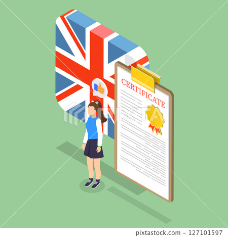 3D Isometric Flat Vector Illustration of Graduation Provement, Woman Grinning With Graduation Certificate And British Flag In Background 127101597