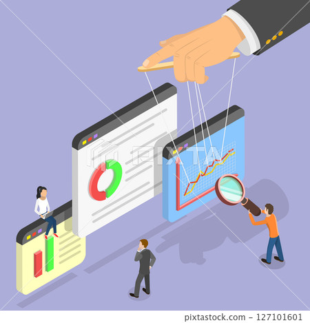 3D Isometric Flat Vector Illustration of Market Manipulation, Manipulating Price, a Puppeteer Concept. 127101601