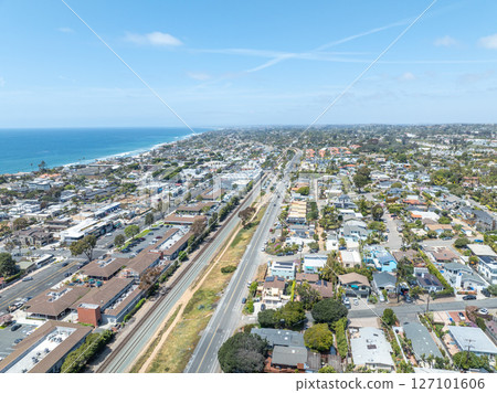 Aerial view of Encinitas town with ocean in San Diego, South California Aerial view of Encinitas town with ocean in San Diego, South California 127101606