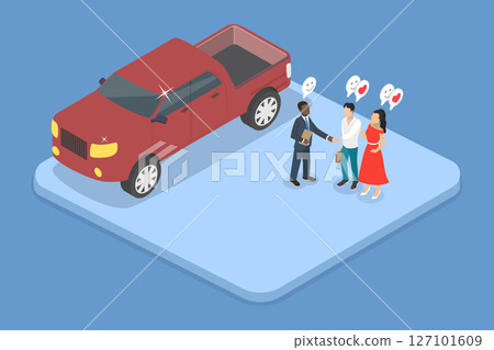 3D Isometric Flat Vector Illustration of Car Demonstration, Manager Showcasing Cars To Couple. 127101609