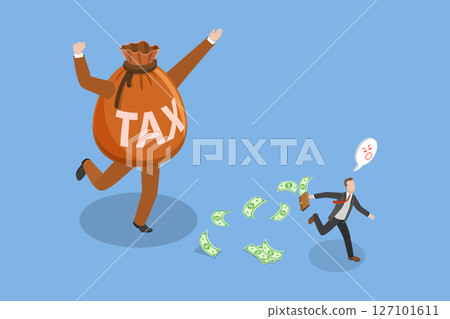 3D Isometric Flat Vector Illustration of Tax Evasion, Businessperson Absconds With Cash From Tax Payments, Leaving Authorities Baffled. 3D Isometric Flat Vector Illustration of Tax Evasion, Businessperson Absconds With Cash From Tax Payments, Leaving Authorities Baffled. 127101611