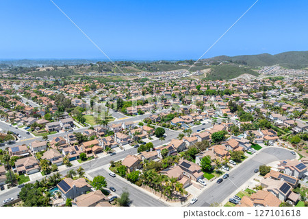 Aerial view of San Marcos neighborhood, with houses and street. South California Aerial view of San Marcos neighborhood, with houses and street. South California 127101618