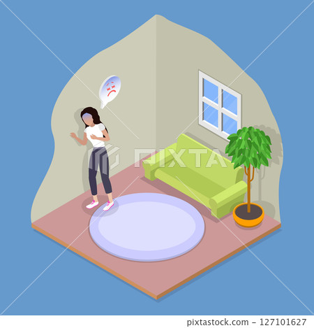 3D Isometric Flat Vector Illustration of Lung Problems , Woman With Heart Lung Issues Stands In Apartment Clutching Chest Due To Illness 127101627