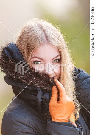 Portrait of pretty attractive woman in jacket. Portrait of pretty attractive woman in jacket. 127101653