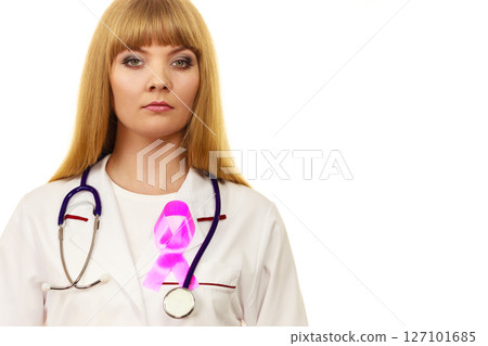 Woman doctor with pink ribbon aids symbol 127101685