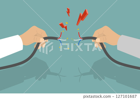 3D Isometric Flat Vector Illustration of Faulty Damaged Cable, Hand Holding Frayed Electrical Cord With Sparking Electricity 3D Isometric Flat Vector Illustration of Faulty Damaged Cable, Hand Holding Frayed Electrical Cord With Sparking Electricity 127101687