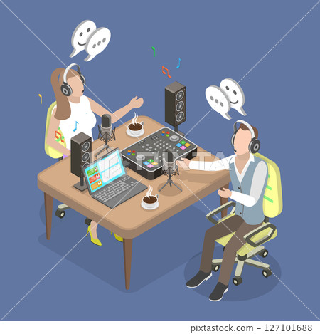 3D Isometric Flat Vector Illustration of Recording Podcast, Smiling Radio Broadcasters Talking In Headsets With Microphones At Live Show 3D Isometric Flat Vector Illustration of Recording Podcast, Smiling Radio Broadcasters Talking In Headsets With Microphones At Live Show 127101688