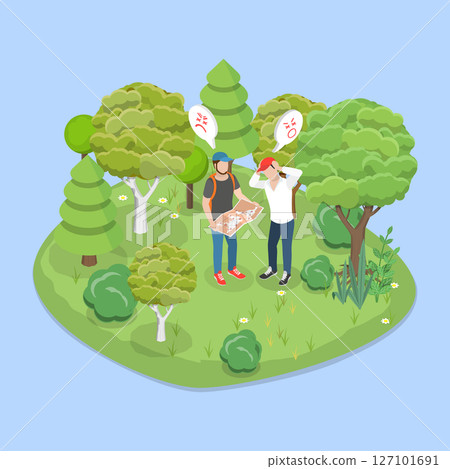 3D Isometric Flat Vector Illustration of Lost Tourists, Man Wanders Through Forest, Recalling Path To Home Or Highway 3D Isometric Flat Vector Illustration of Lost Tourists, Man Wanders Through Forest, Recalling Path To Home Or Highway 127101691