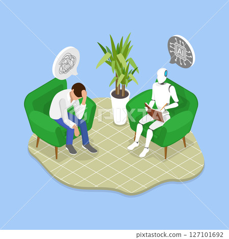 3D Isometric Flat Vector Illustration of Mental Health Treatment, AI Psychologist Robot Providing Therapy To A Depressed Patient 127101692