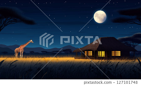 Full moon over safari lodge with giraffe and lion at night 127101748