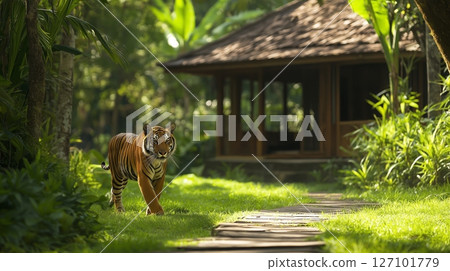 Bengal tiger walking on wooden path in tropical forest near traditional house. 127101779