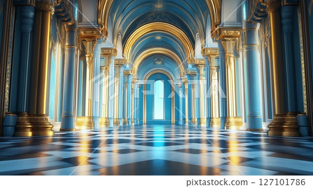 Grand palace blue interior of a historic hall with intricate designs and vibrant colors Grand palace blue interior of a historic hall with intricate designs and vibrant colors 127101786