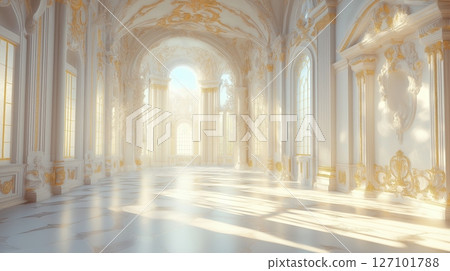 Elegant white palace grand hall with golden accents and large windows 127101788