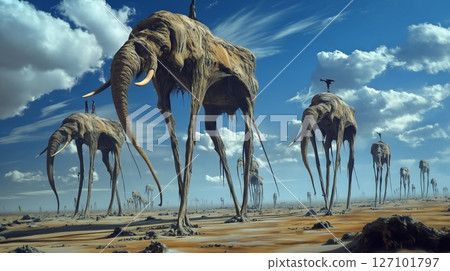 Unique surreal artwork featuring elephants with long legs standing in a desert landscape 127101797