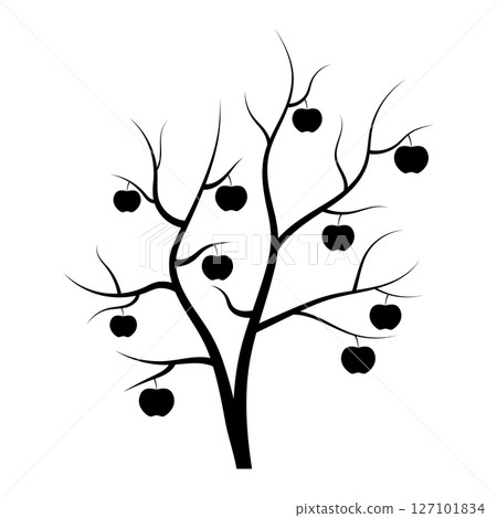 Apple Tree with Fruit on Branches Silhouette. Black and white vector illustration of a stylized apple tree with bare branches and hanging apples. 127101834