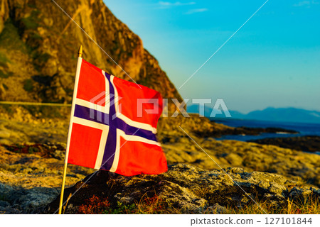 Andoya island sea coast and norwegian flag Andoya island sea coast and norwegian flag 127101844