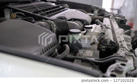 Car engine showing air filter, battery, and radiator 127102028