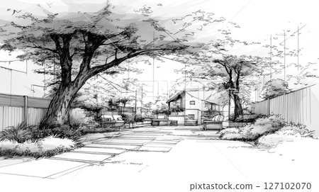Hand-drawn backyard garden sketch with trees and benches 127102070