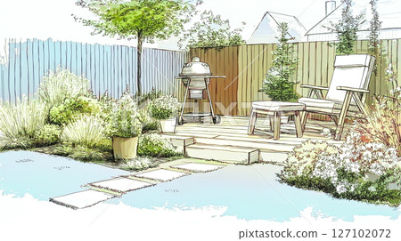 Wooden terrace with grill and chairs, hand drawn summer scene 127102072