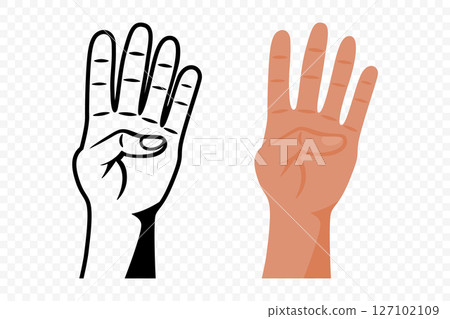 Four Fingers Up Hand Gesture Icon. Vector Hand Gesture Showing Number Four in Flat and Outline Styles. Isolated Hand Gesture Symbol for Counting, Communication, Education 127102109