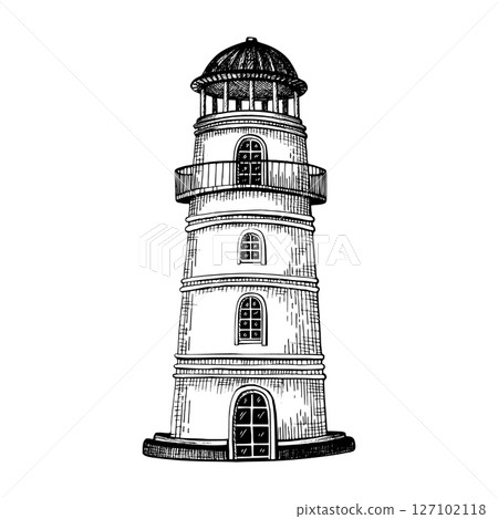A classic lighthouse tapering upward to a domed lantern room. With arched windows, balcony railing and a sturdy base. Hand drawn vector illustration. Sketch in line art style painted by black ink A classic lighthouse tapering upward to a domed lantern room. With arched windows, balcony railing and a sturdy base. Hand drawn vector illustration. Sketch in line art style painted by black ink 127102118