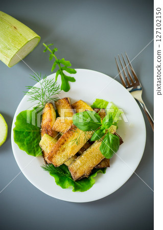 Homemade fried zucchini on a white plate on a gray background 127102150