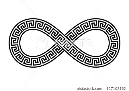 Infinity symbol with seamless meander pattern. Overlapping band in the shape of a lying eight with repeated Greek key motif. Infinity loop, lucky number eight, and mathematical symbol for infinity. 127102162
