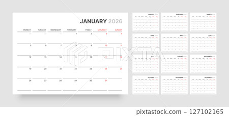 Monthly calendar layout for 2026. Planner diary. Monthly calendar layout for 2026. Planner diary. 127102165