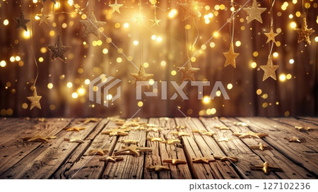The elegant combination of wooden textures and golden decorations creates a charming setting for Christmas or celebrations. 127102236