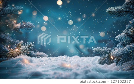 An idyllic winter scene where snowflakes swirl around lush fir branches, enhanced by glimmering bokeh lights for a festive touch. An idyllic winter scene where snowflakes swirl around lush fir branches, enhanced by glimmering bokeh lights for a festive touch. 127102237