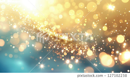 Blurred glitter in golden hues with radiant bokeh lights, complemented by subtle white and blue accents in the background. Blurred glitter in golden hues with radiant bokeh lights, complemented by subtle white and blue accents in the background. 127102238