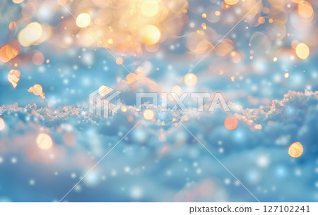 Snow-covered winter scene with glowing bokeh lights, designed for winter sale banners, product displays, or Christmas card designs. 127102241
