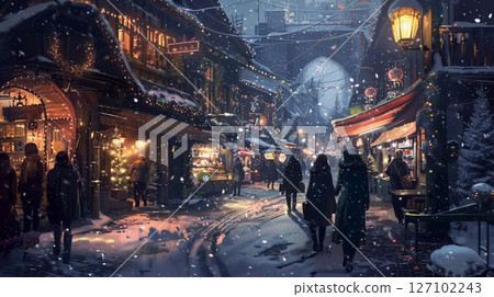 Crowds of people on a snowy street, engaged in holiday shopping with a vibrant Christmas spirit. Crowds of people on a snowy street, engaged in holiday shopping with a vibrant Christmas spirit. 127102243