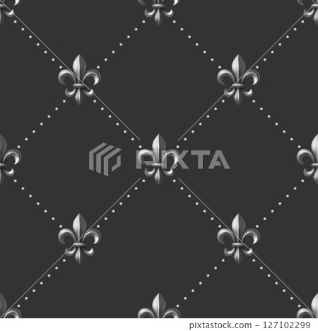 Vector Luxury Silver Fleur-de-Lis Seamless Pattern on Black Background. Silver Royal Heraldic Symbol on Elegant Dark Background. Fleur-de-Lis Wallpaper, Fabric, Digital Paper. Vintage French Ornament 127102299