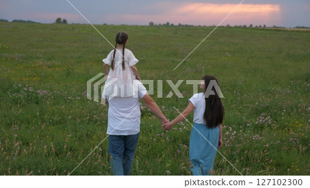 happy family, father mother child kid park, child kid with parents nature, childhood open air, childhood dream, dad carries daughter shoulders green meadow, children game airplane pilot, dream fly 127102300