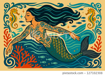 Mermaid swimming among small fishes, sea horses and algae. Bright decorative vector illustration 127102308