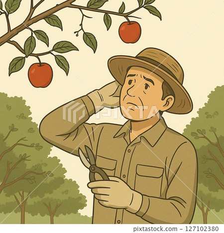 Illustration of an apple tree and a farmer - Worried - Generative AI 127102380