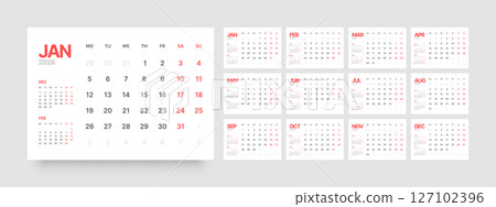 Monthly calendar layout for 2026. Planner diary. Monthly calendar layout for 2026. Planner diary. 127102396
