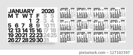 Monthly calendar layout for 2026. Planner diary. 127102397