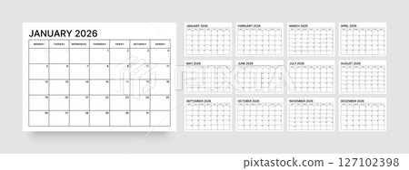 Monthly calendar layout for 2026. Planner diary. 127102398