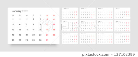 Monthly calendar layout for 2026. Planner diary. 127102399