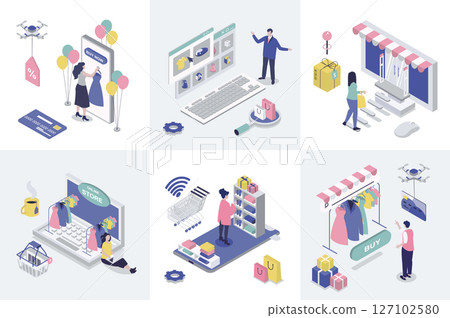 Online shopping 3d isometry concept for web design. Collection set with isometric people ordering new goods at store webpages, doing internet purchasing with payments in app. Vector illustration. 127102580