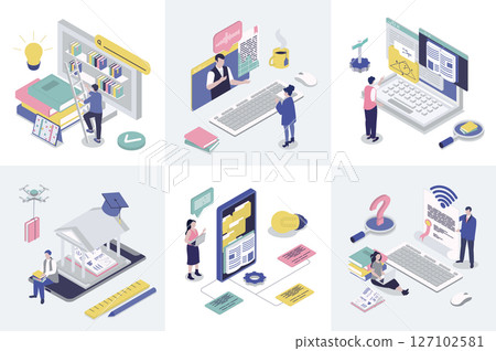 Online education 3d isometry concept for web design. Collection set with isometric people studying distantly at school, college or university platforms, reading digital books. Vector illustration. 127102581