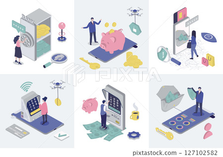 Mobile banking 3d isometry concept for web design. Collection set with isometric people saving money in bank safe, doing financial management in app, cash out in atm, online pays. Vector illustration. 127102582