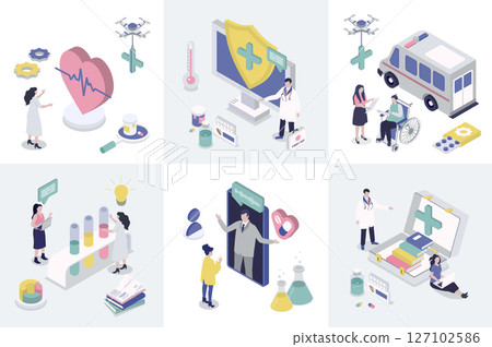 Medicine 3d isometry concept for web design. Collection set with isometric people getting online consultation with doctor, emergency help, diagnosis, treatment, laboratory tests. Vector illustration. 127102586