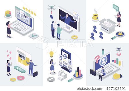 HR process 3d isometry concept for web design. Collection set with isometric people looking candidates for hiring, making job interview at vacancy, searching best online resume. Vector illustration. HR process 3d isometry concept for web design. Collection set with isometric people looking candidates for hiring, making job interview at vacancy, searching best online resume. Vector illustration. 127102591