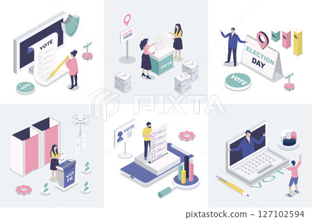 Election and voting 3d isometry concept for web design. Collection set with isometric people using inline vote system, making democratic choices, supporting political candidates. Vector illustration. 127102594